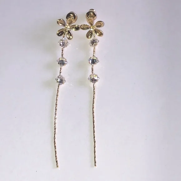 Gold Tone CZ Rhinestone Flower Dangling Pierced Earrings - Picture 3 of 6